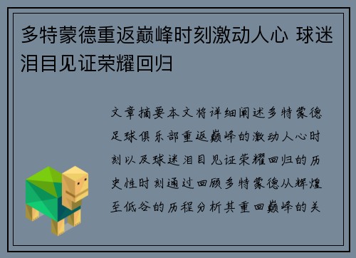 多特蒙德重返巅峰时刻激动人心 球迷泪目见证荣耀回归