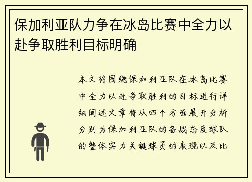 保加利亚队力争在冰岛比赛中全力以赴争取胜利目标明确