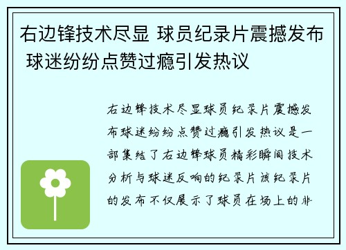 右边锋技术尽显 球员纪录片震撼发布 球迷纷纷点赞过瘾引发热议