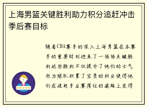 上海男篮关键胜利助力积分追赶冲击季后赛目标