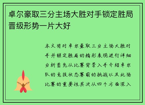 卓尔豪取三分主场大胜对手锁定胜局晋级形势一片大好