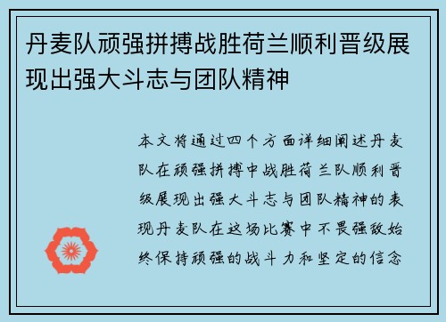 丹麦队顽强拼搏战胜荷兰顺利晋级展现出强大斗志与团队精神