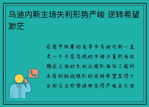 乌迪内斯主场失利形势严峻 逆转希望渺茫